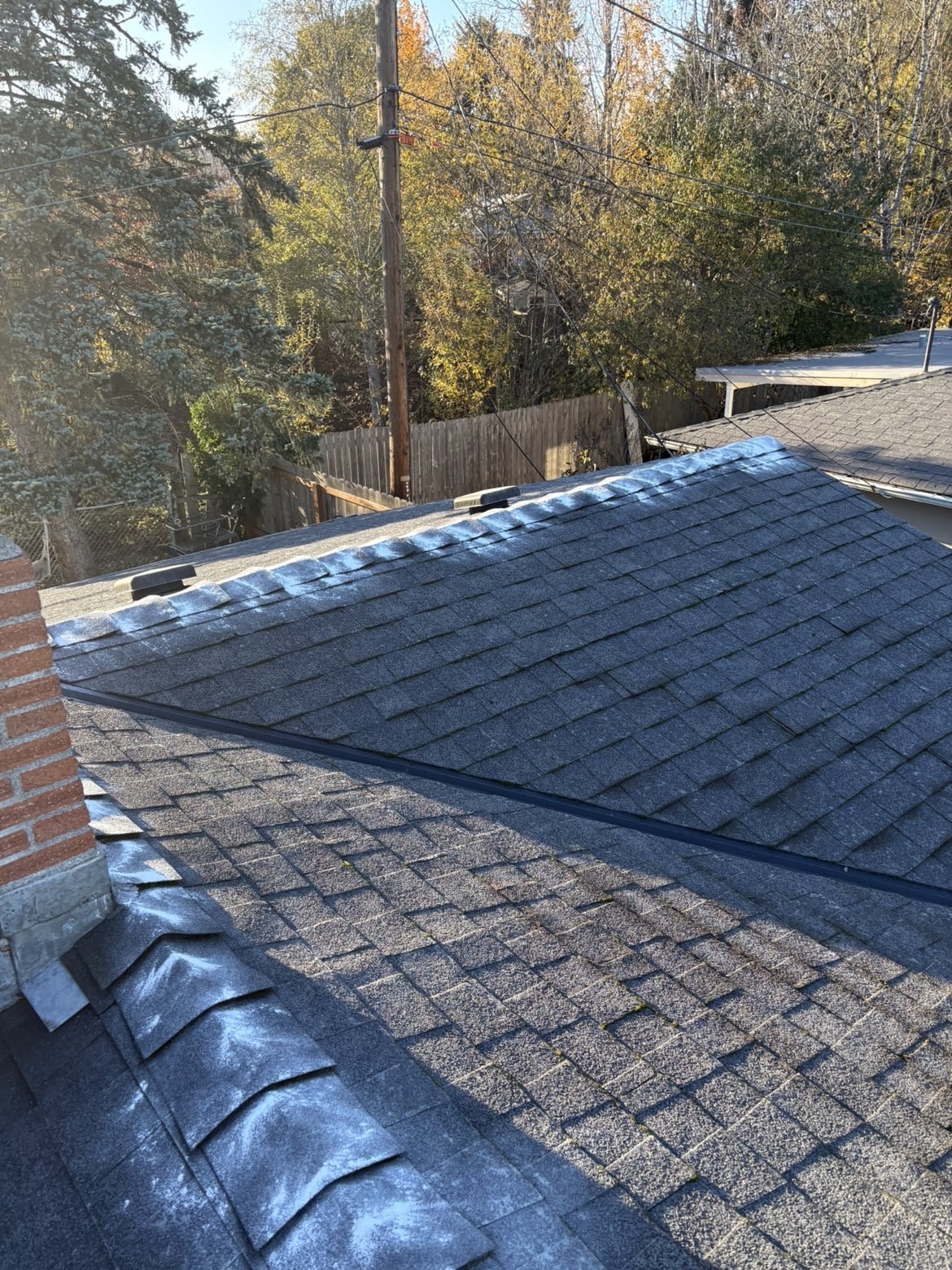 Treated shingle roof with moss and algae removed along the ridge line